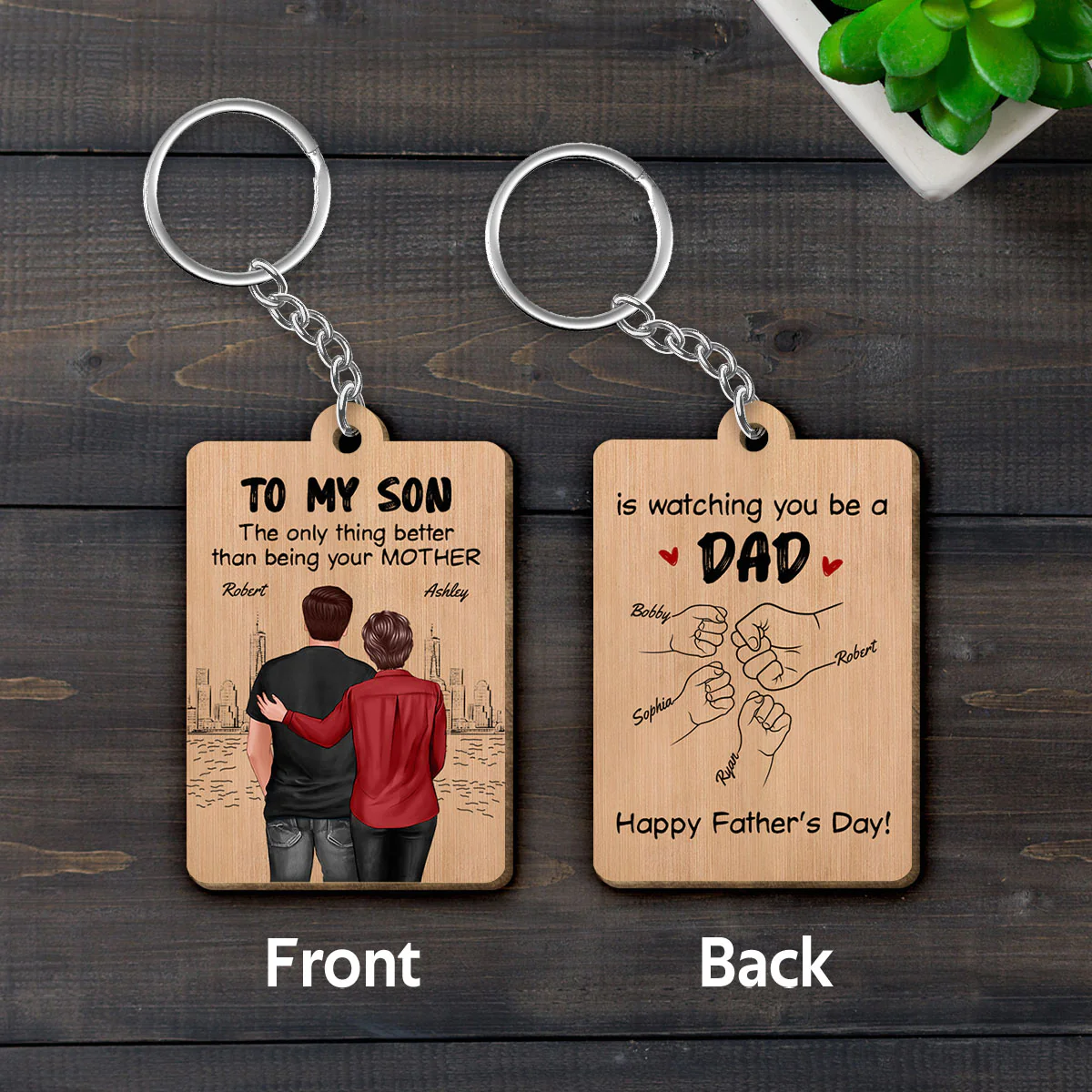 From Mom To Son Watching You Be A Dad Personalized Wooden Keychain, Gift For Son - Image 7