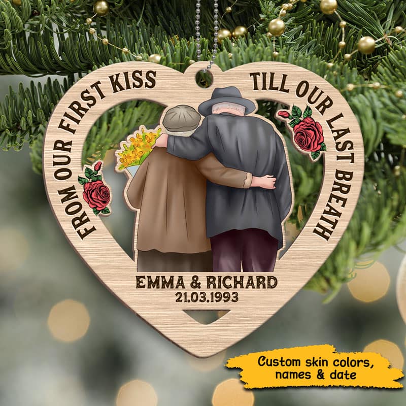 From Our First Kiss Couple Personalized Christmas Wooden Ornament - Image 2