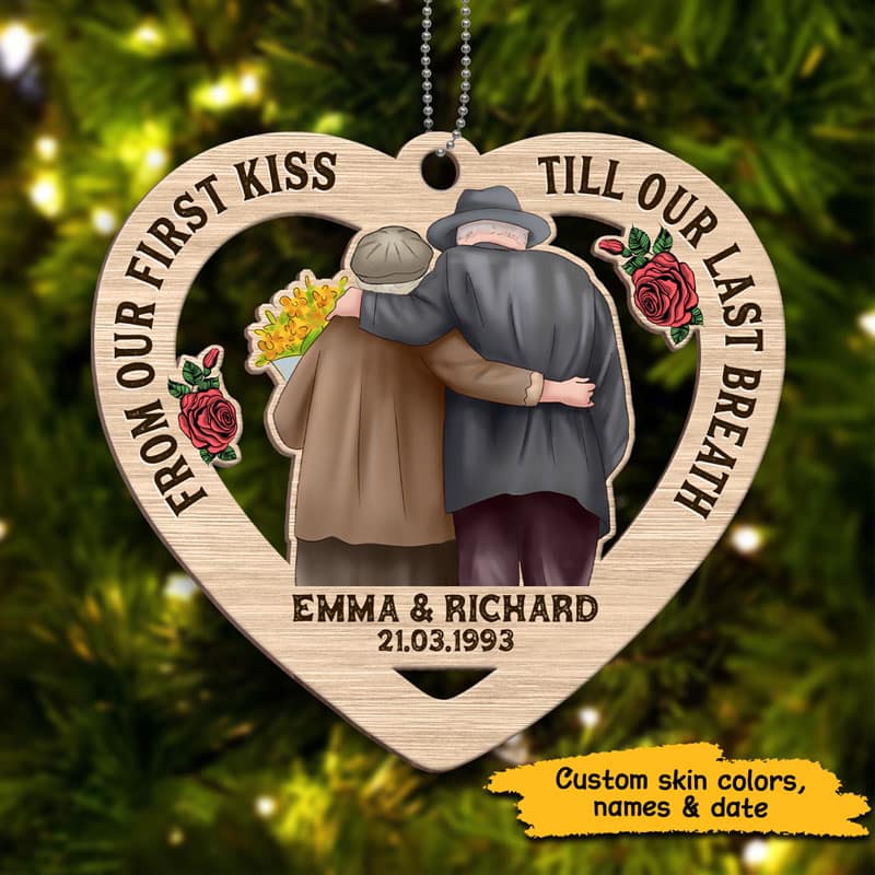 From Our First Kiss Couple Personalized Christmas Wooden Ornament - Image 3