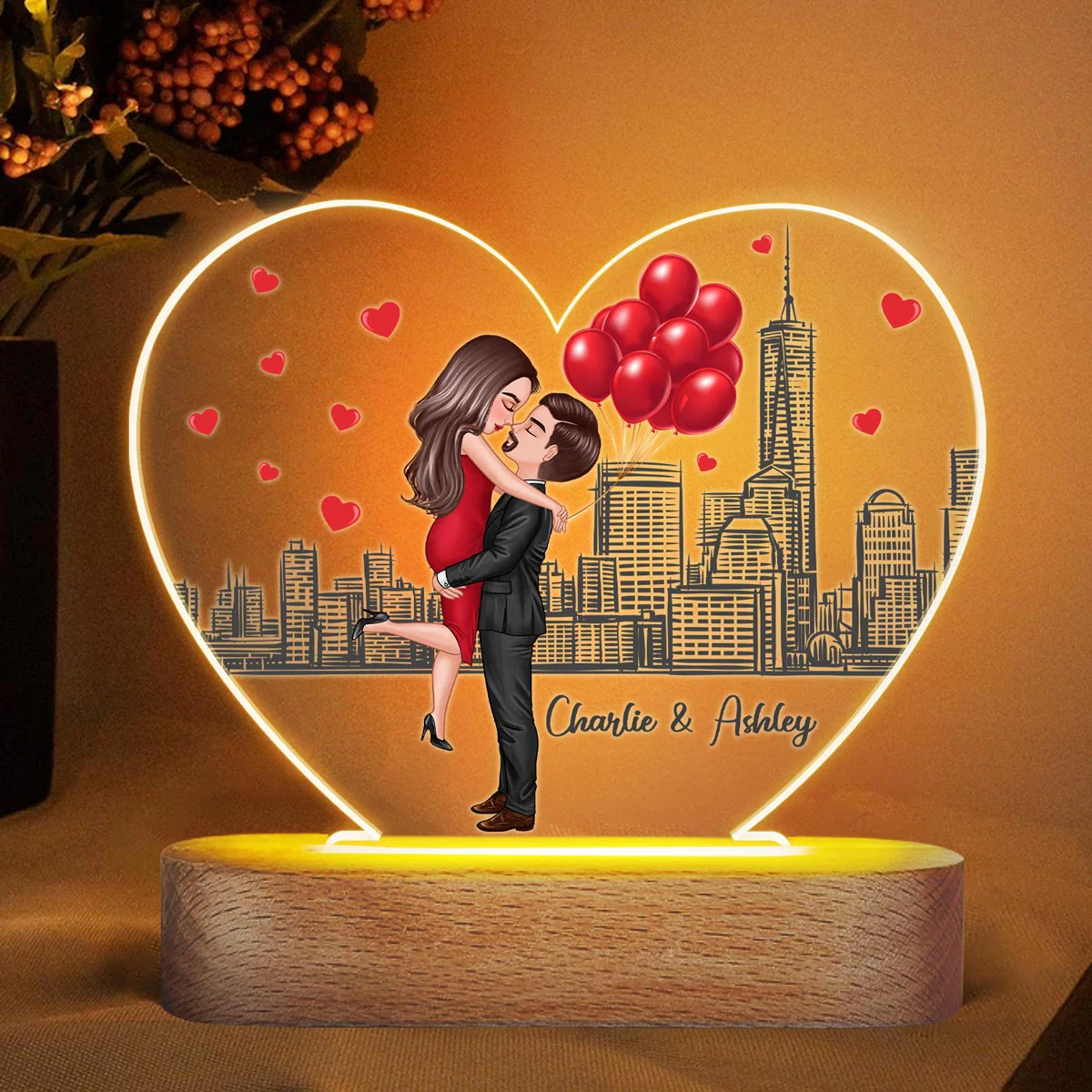 From Our First Kiss Couple Personalized Heart Plaque LED Night Light - Acrylic LED Lamp - Valentine‘s Day Gift For Him, For Her