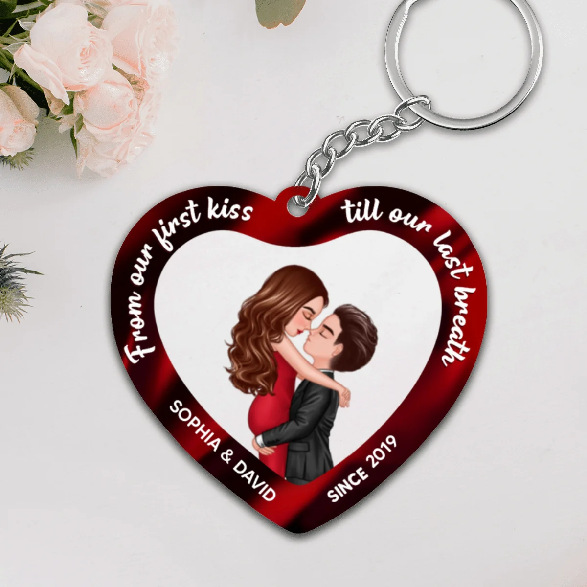 From Our First Kiss Till Last Breath Hugging Kissing Couple Personalized Heart Shaped Acrylic Keychain - Image 4