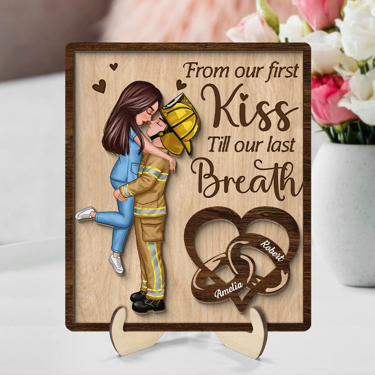 From Our First Kiss Till Our Last Breath Gifts by Occupation Gift For Her Gift For Him Firefighter, Nurse, Police Officer Personalized 2-Layer Wooden Plaque - Image 2