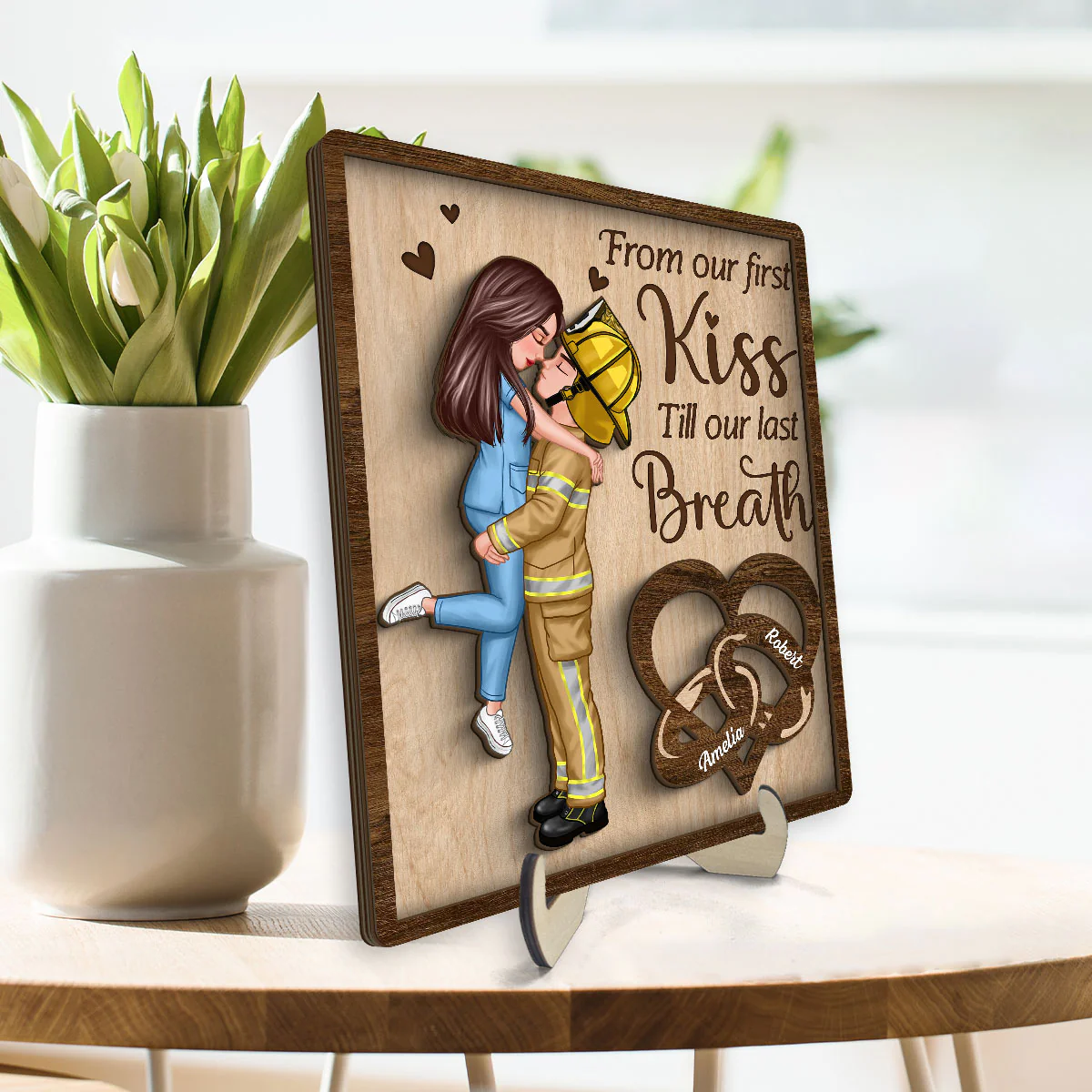 From Our First Kiss Till Our Last Breath Gifts by Occupation Gift For Her Gift For Him Firefighter, Nurse, Police Officer Personalized 2-Layer Wooden Plaque - Image 3