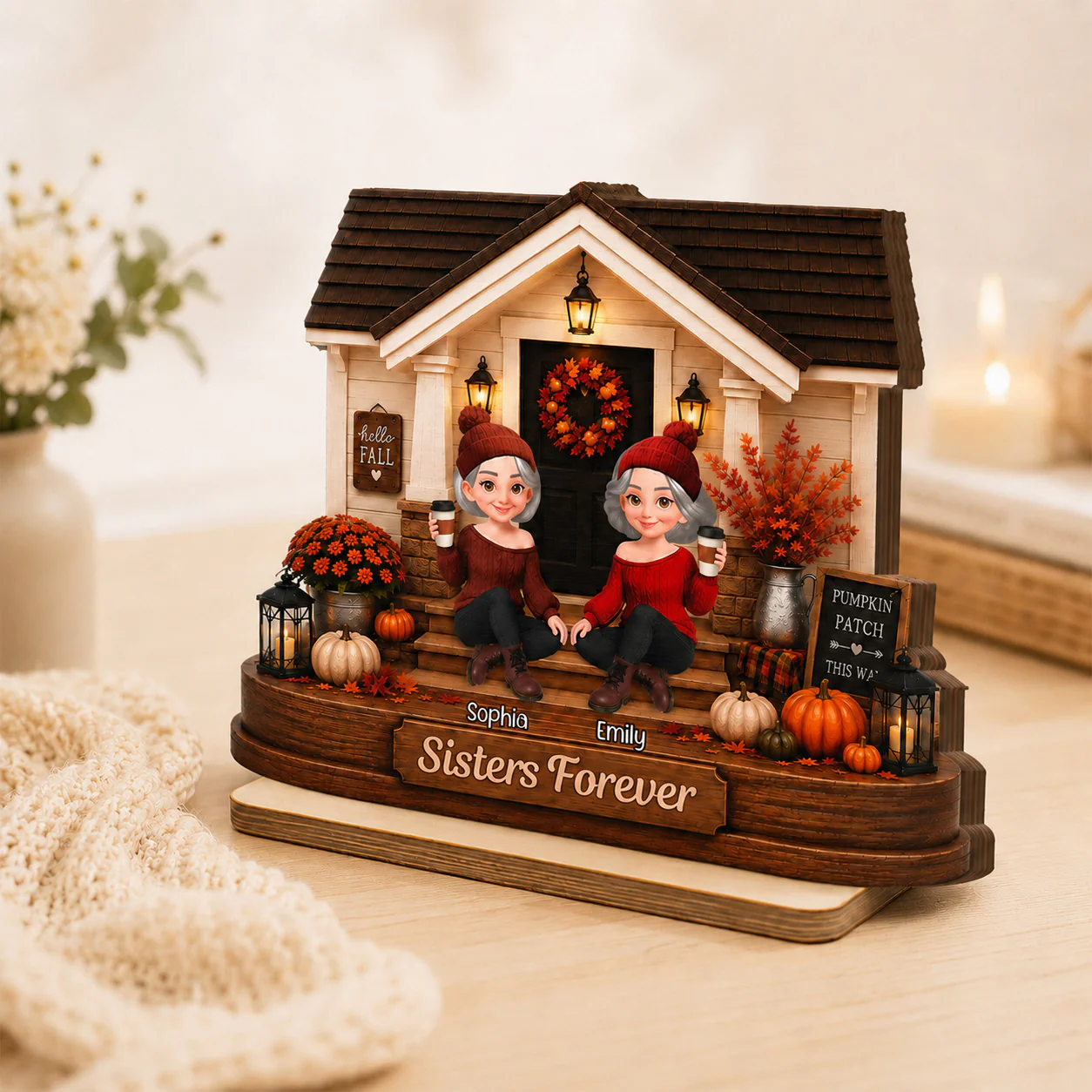 Front Porch Besties Sisters Fall Season 2D Flat - Personalized Wooden Plaque - Image 3