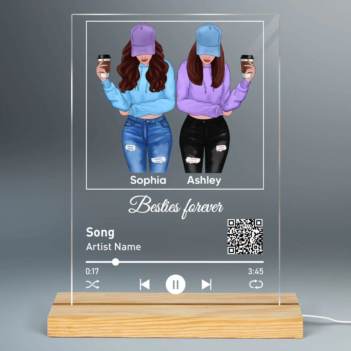Front View Besties Favorite Song Scannable QR Code Personalized Rectangle Acrylic Plaque LED Night Light - Image 2