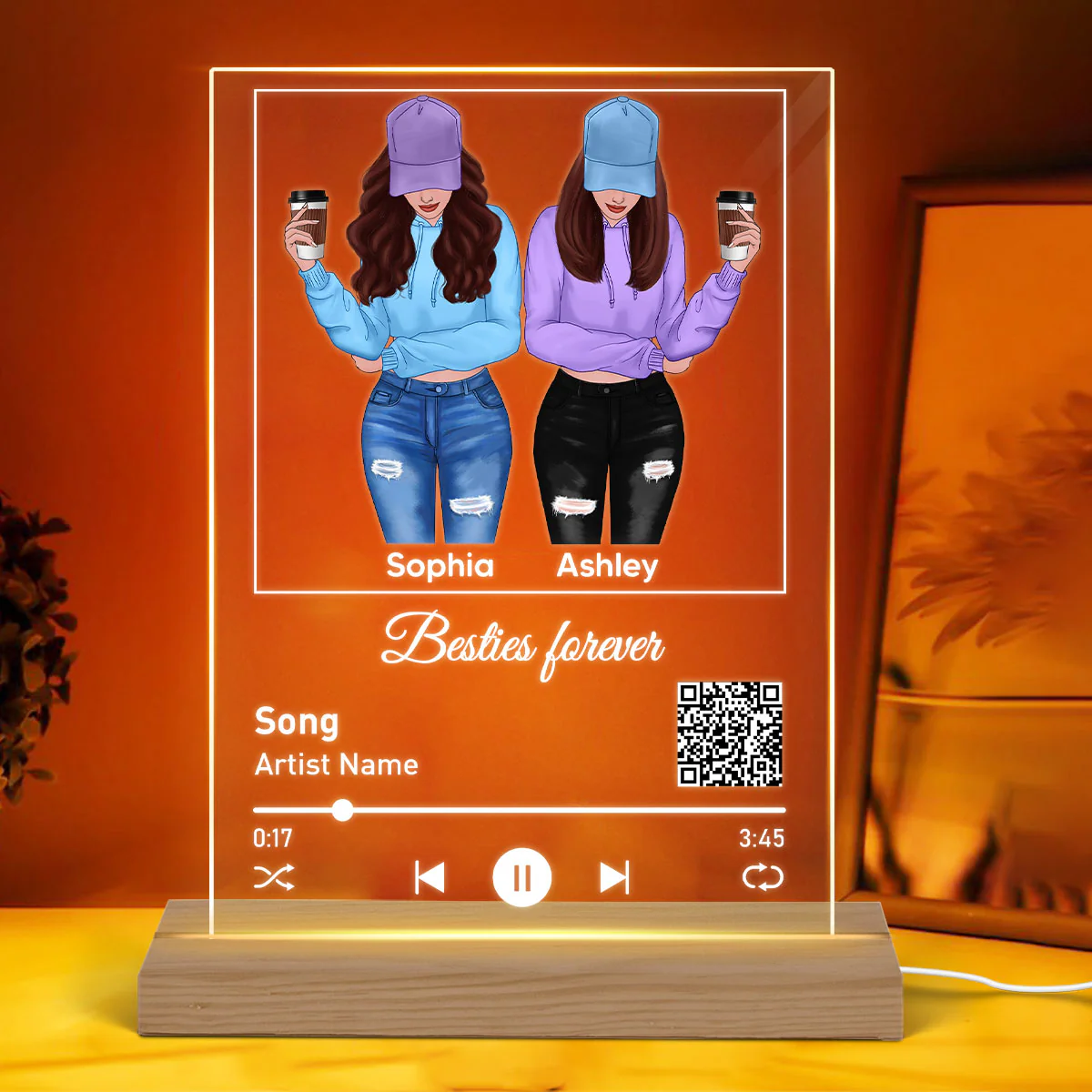 Front View Besties Favorite Song Scannable QR Code Personalized Rectangle Acrylic Plaque LED Night Light - Image 3
