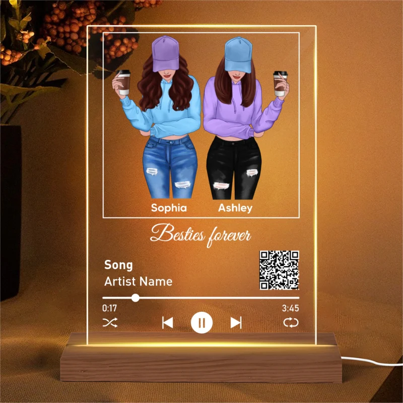 Front View Besties Favorite Song Scannable QR Code Personalized Rectangle Acrylic Plaque LED Night Light - Image 4