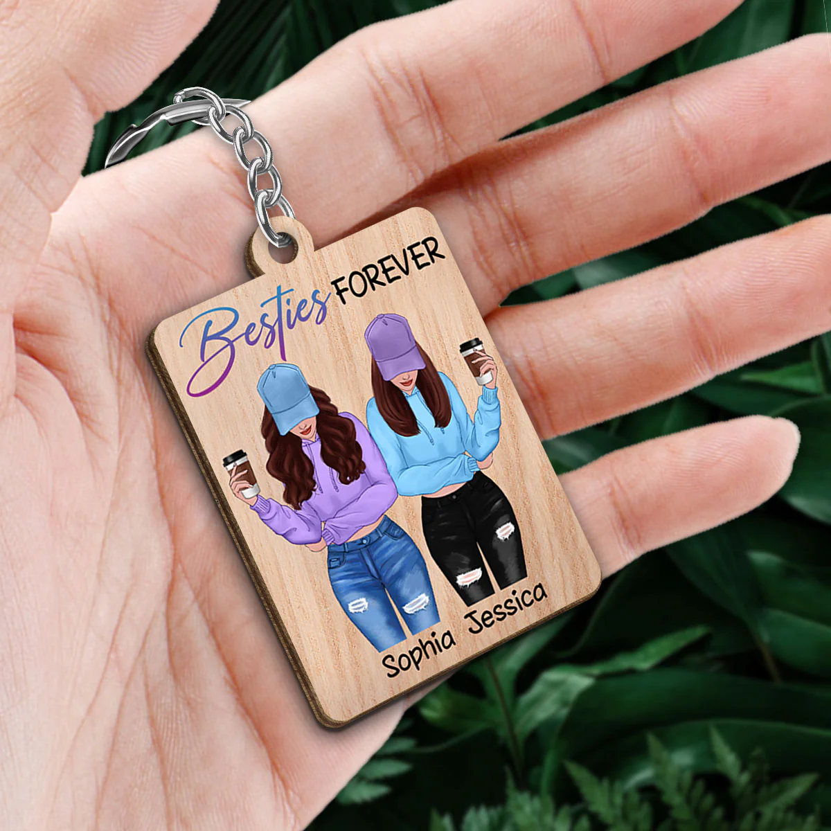 Front View Besties Favorite Song Scannable QR Code Personalized Wooden Keychain - Image 2