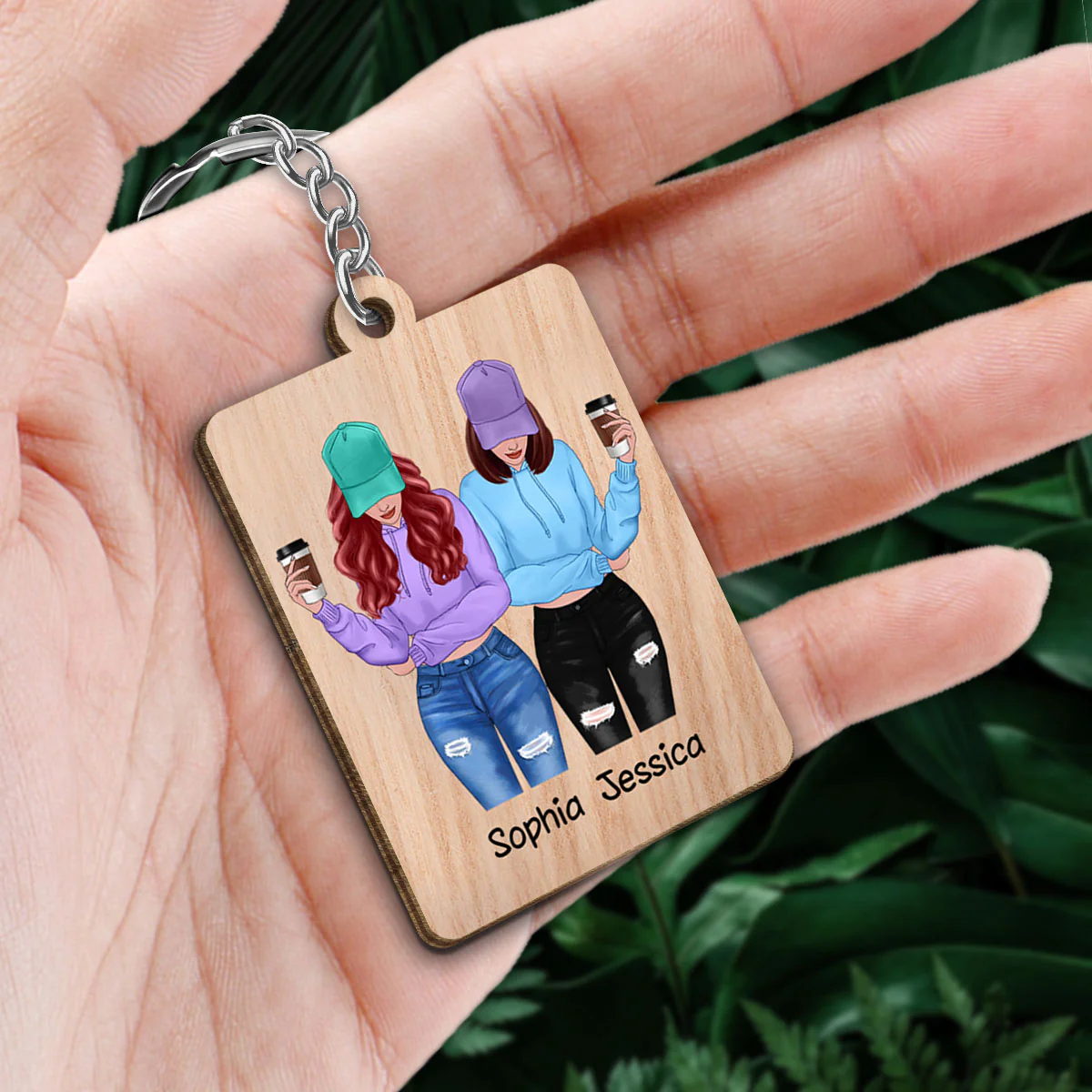 Front View Besties Gift For Best Friends Matching Personalized Wooden Keychain - Image 2