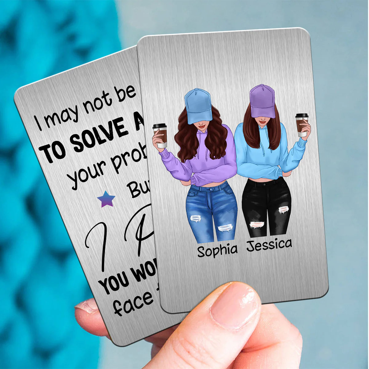 Front View Besties Gift For Best Friends Personalized Metal Wallet Card - Image 2