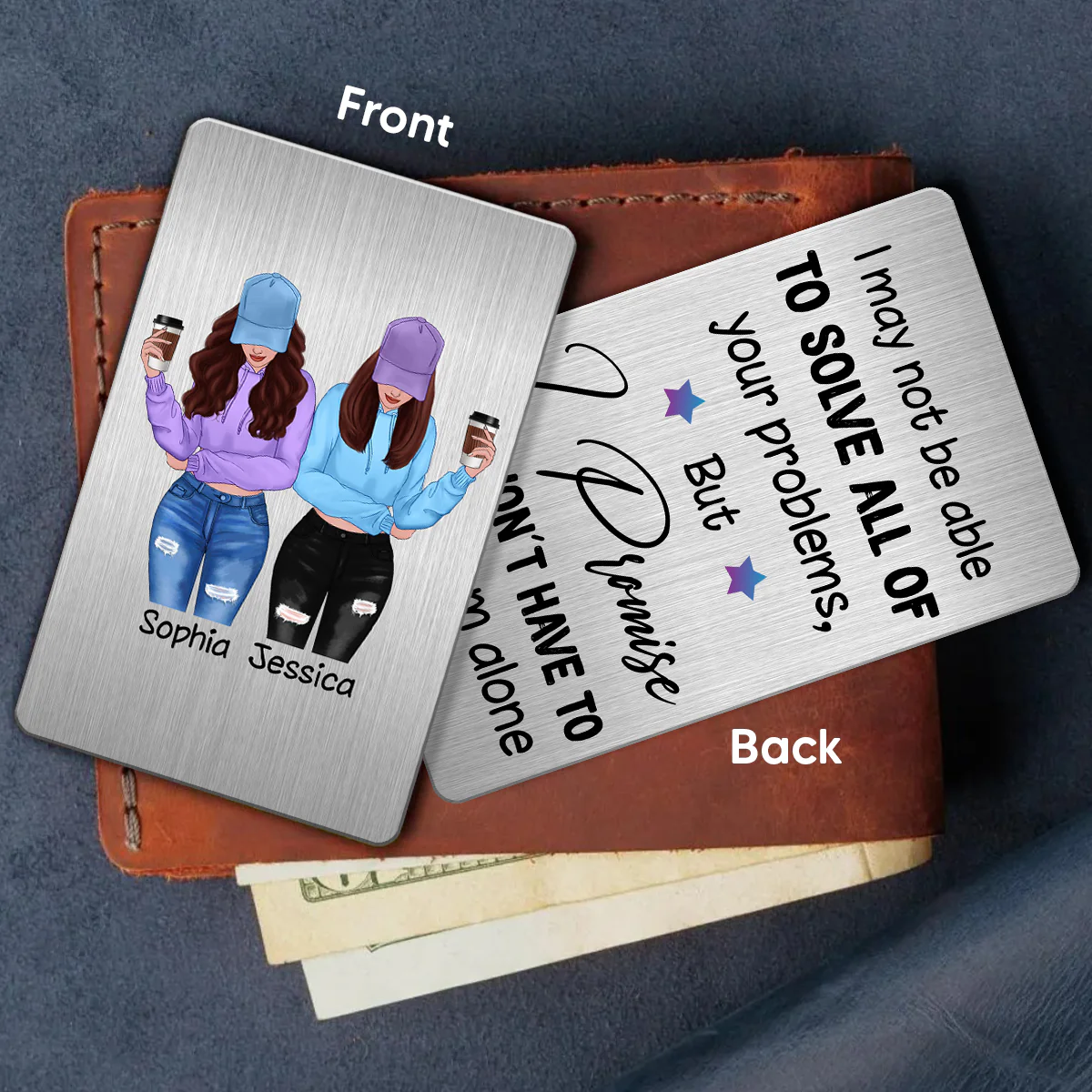 Front View Besties Gift For Best Friends Personalized Metal Wallet Card - Image 3