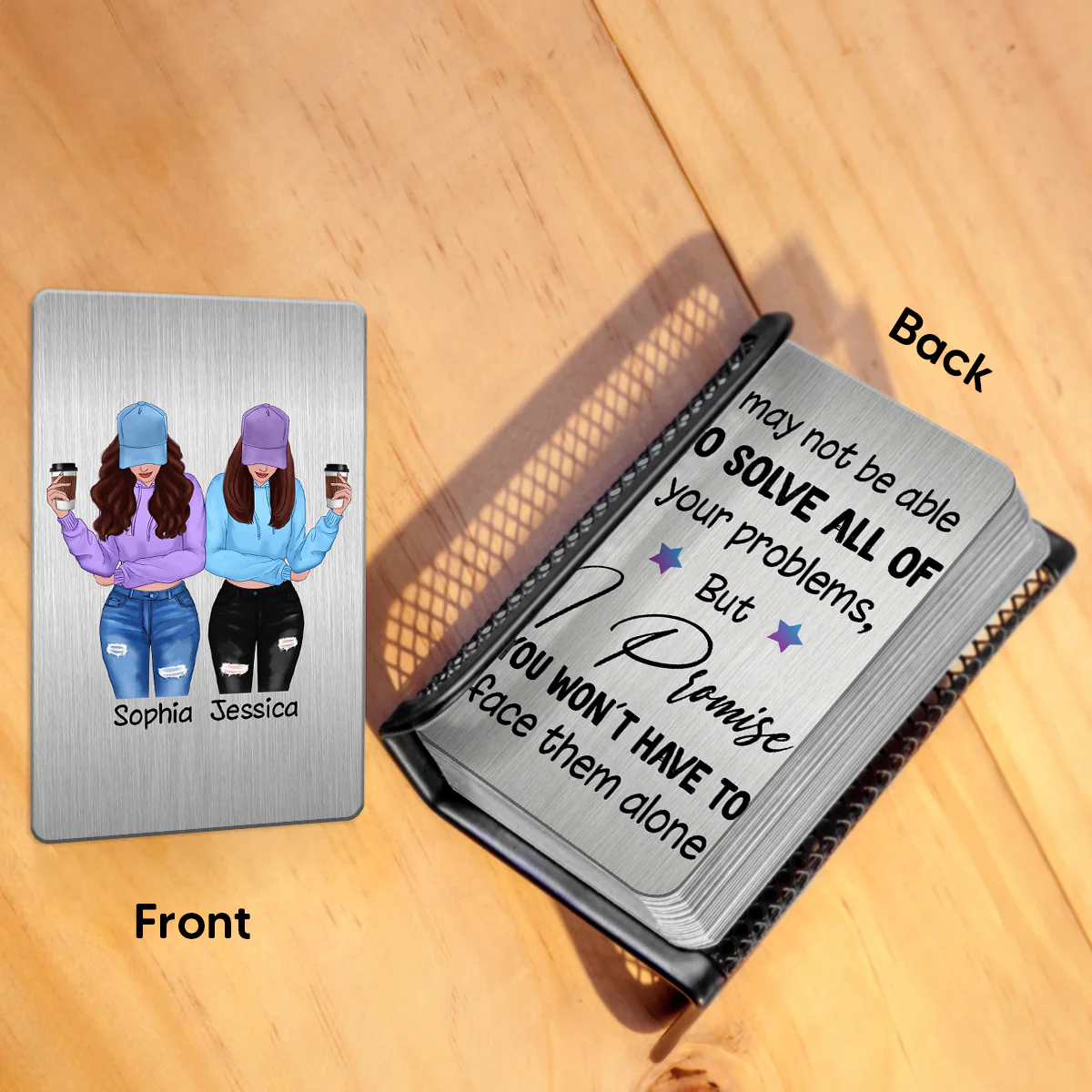 Front View Besties Gift For Best Friends Personalized Metal Wallet Card - Image 4