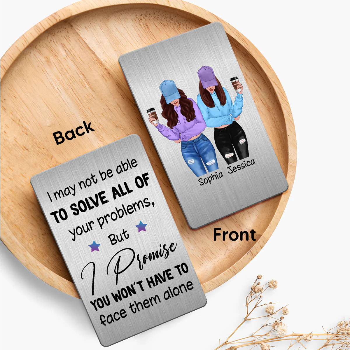 Front View Besties Gift For Best Friends Personalized Metal Wallet Card - Image 5