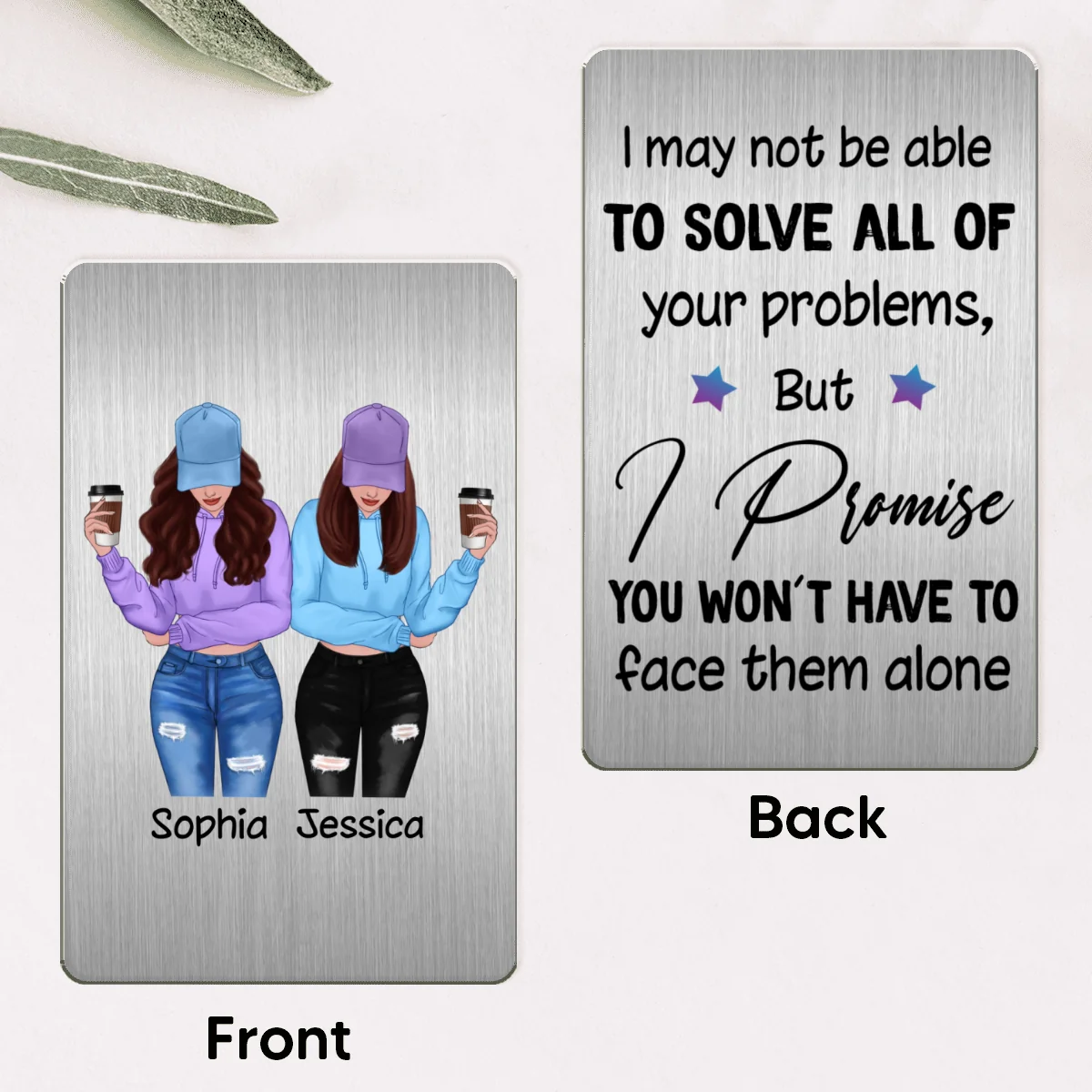 Front View Besties Gift For Best Friends Personalized Metal Wallet Card - Image 6