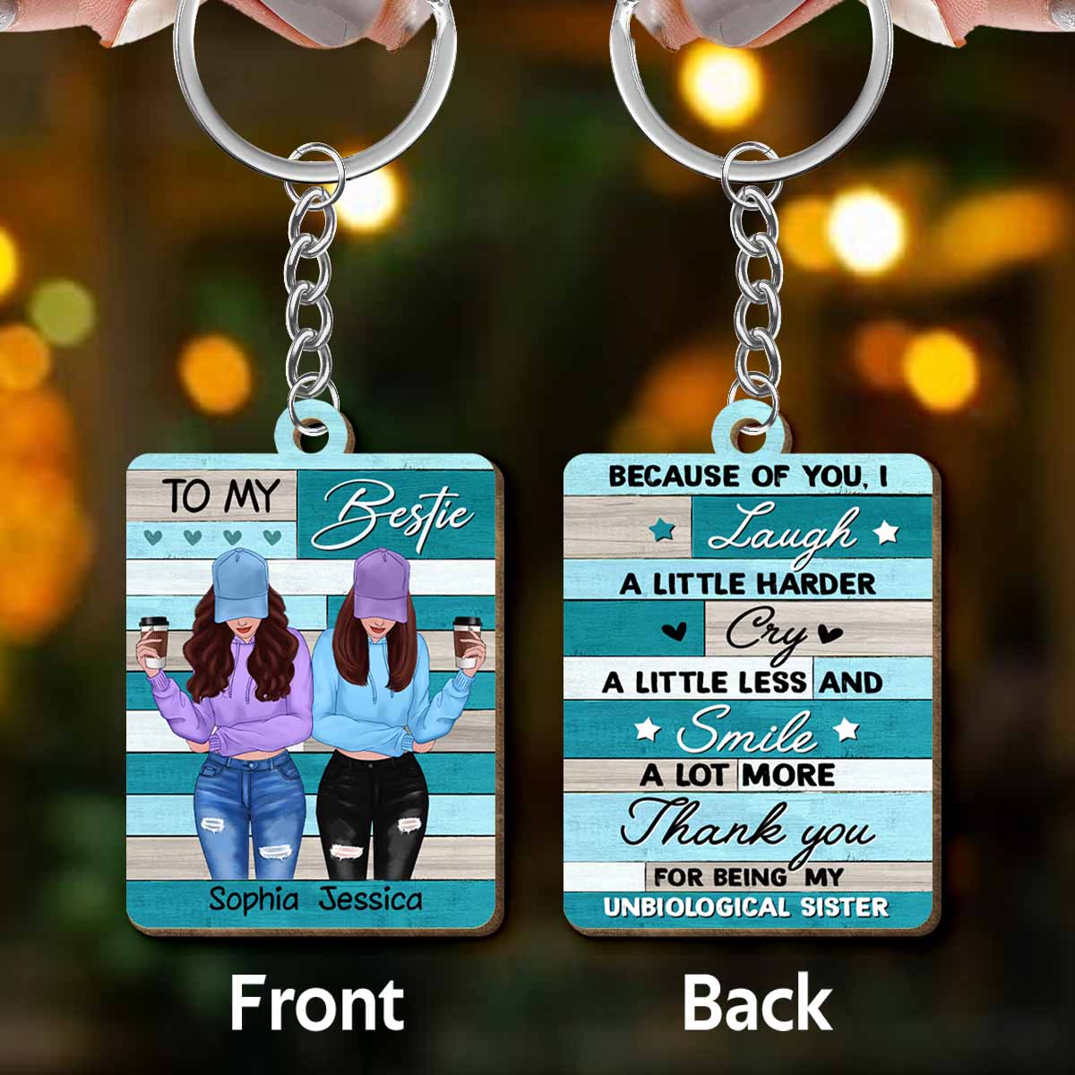 Front View Besties To My Bestie Green Personalized Wooden Keychain - Image 3
