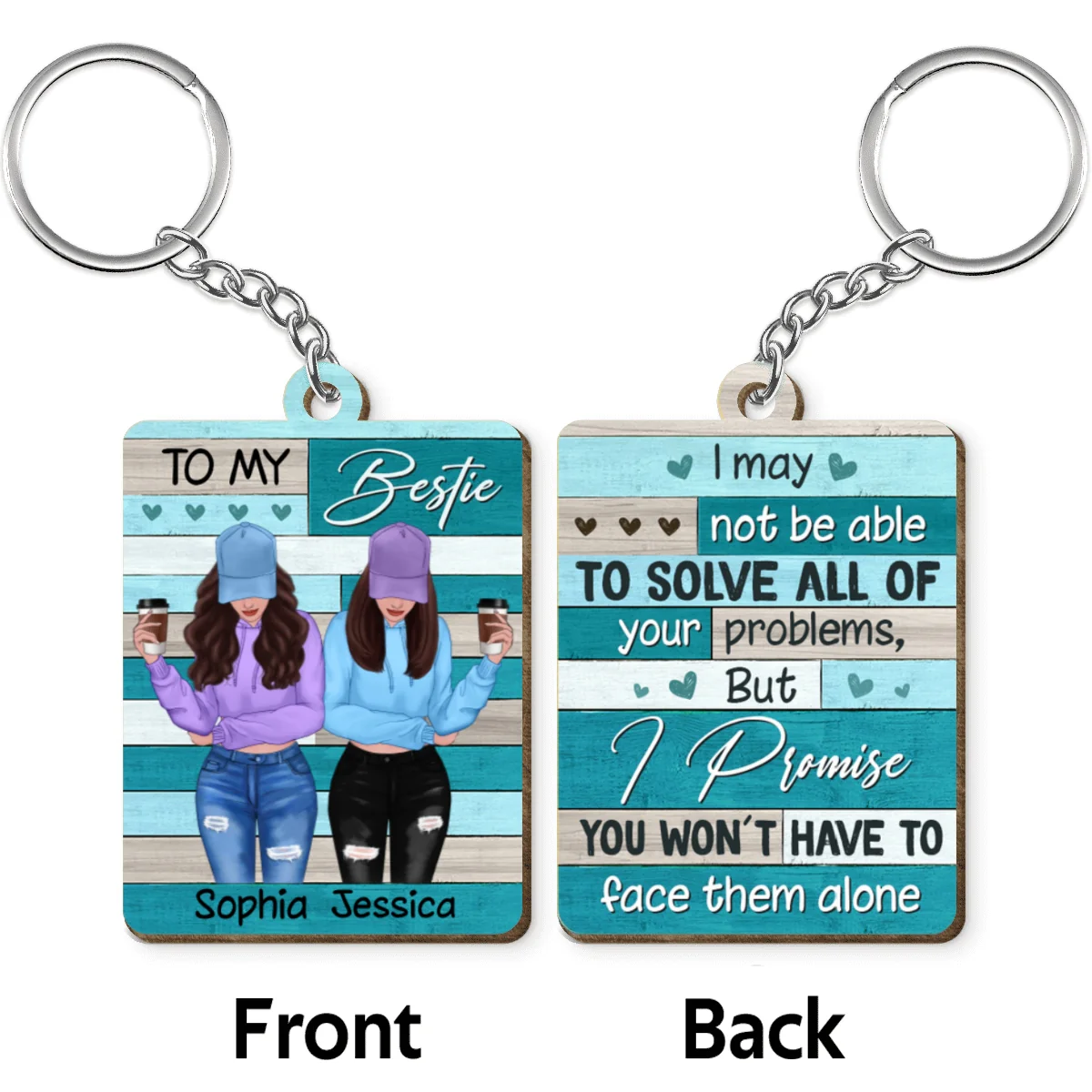 Front View Besties To My Bestie Green Personalized Wooden Keychain - Image 4