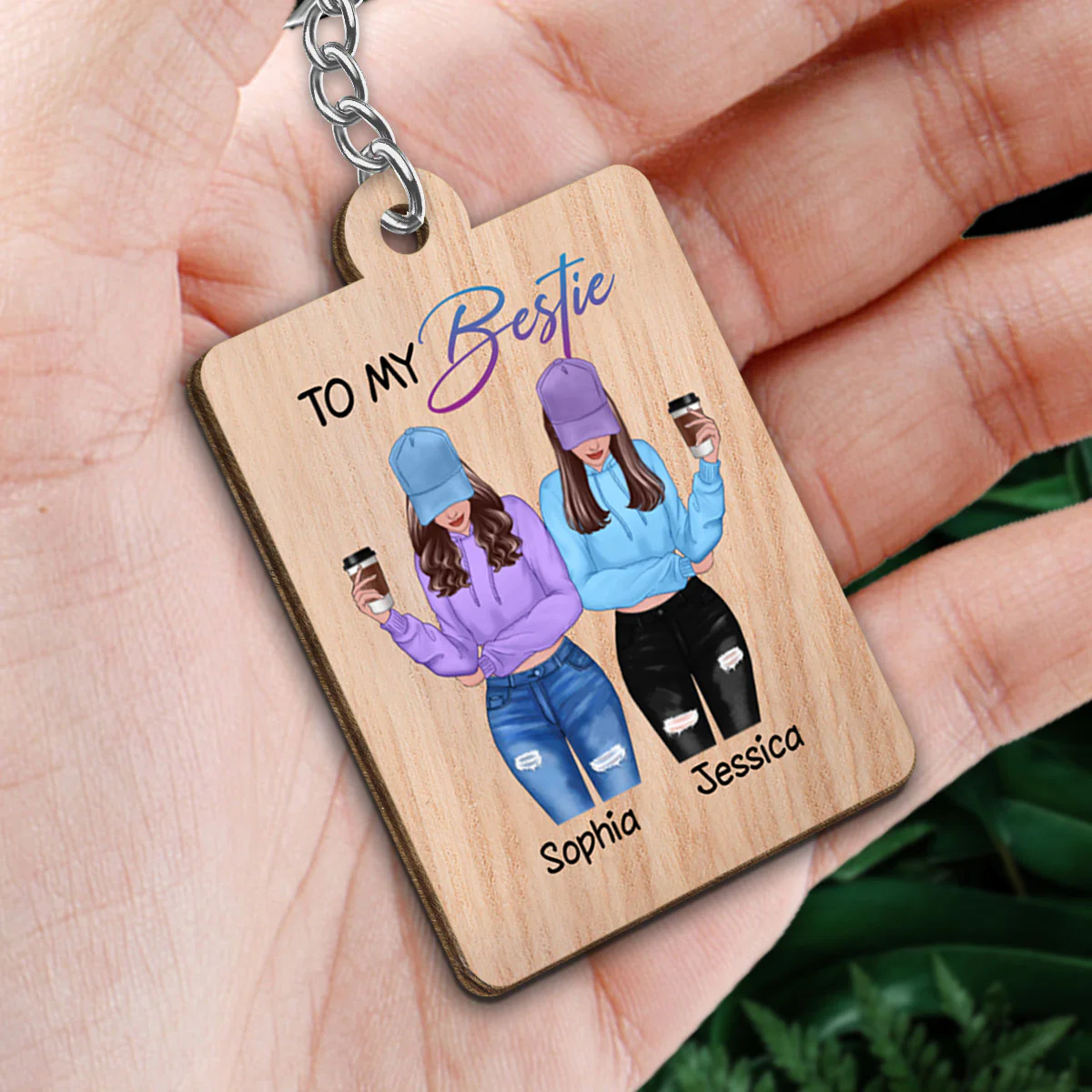 Front View Besties To My Bestie Personalized Wooden Keychain - Image 2