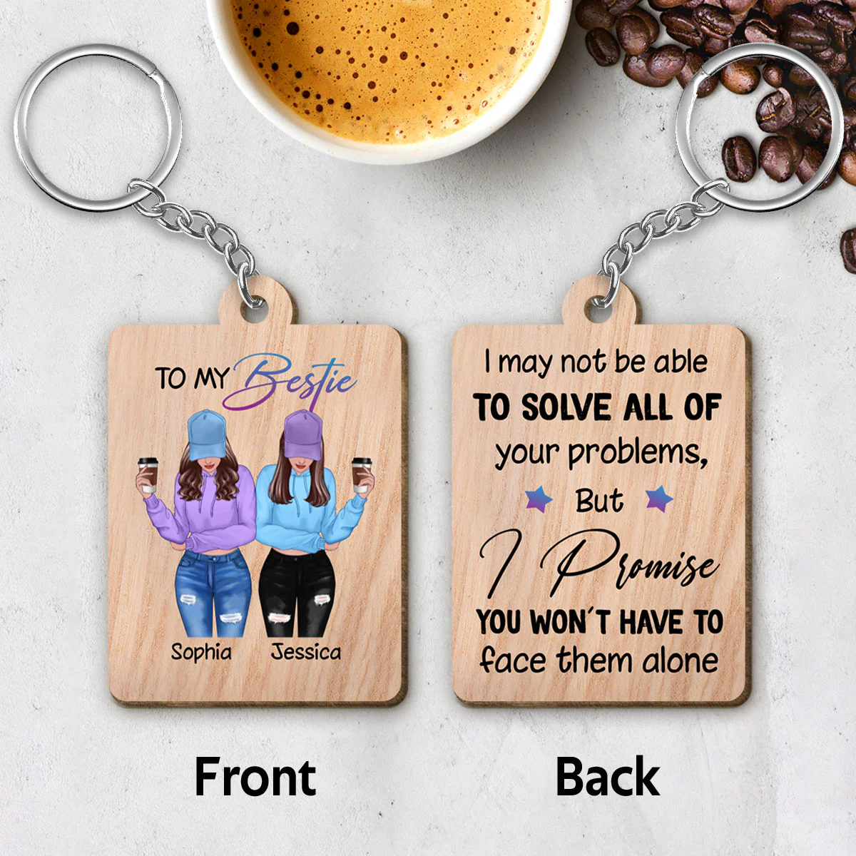 Front View Besties To My Bestie Personalized Wooden Keychain - Image 5