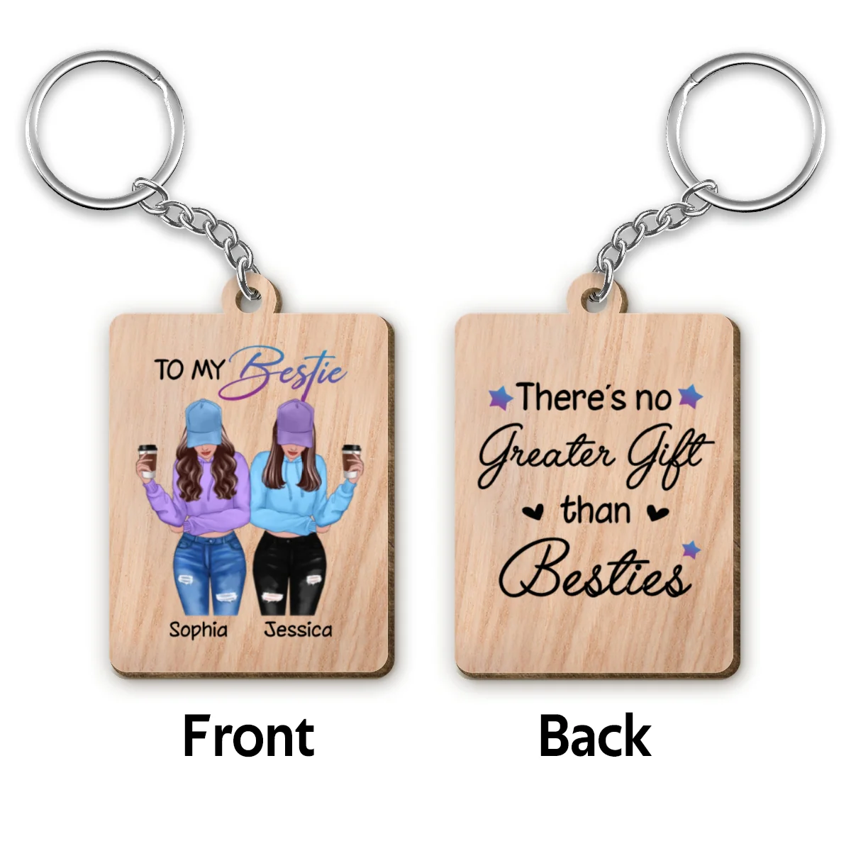 Front View Besties To My Bestie Personalized Wooden Keychain - Image 6