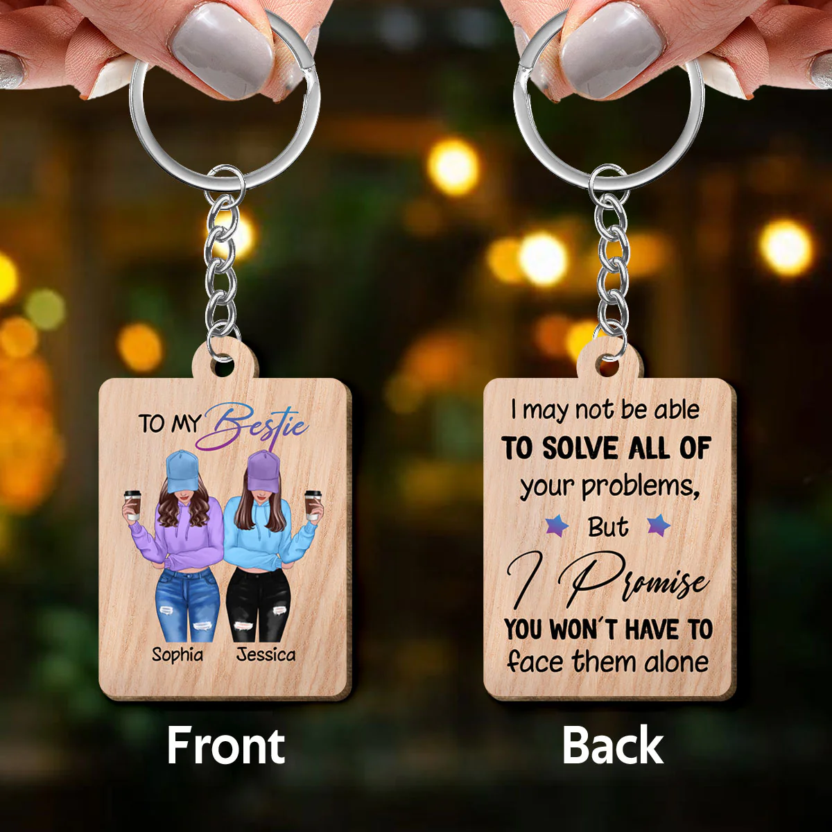 Front View Besties To My Bestie Personalized Wooden Keychain - Image 3
