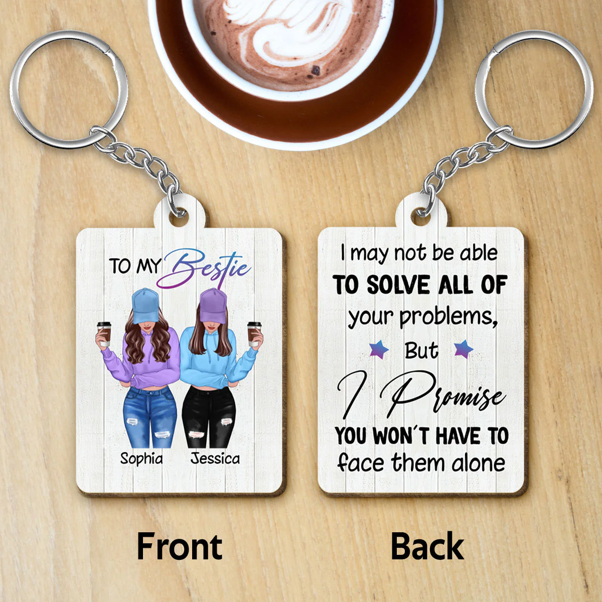 Front View Besties To My Bestie Personalized Wooden Keychain - Image 4