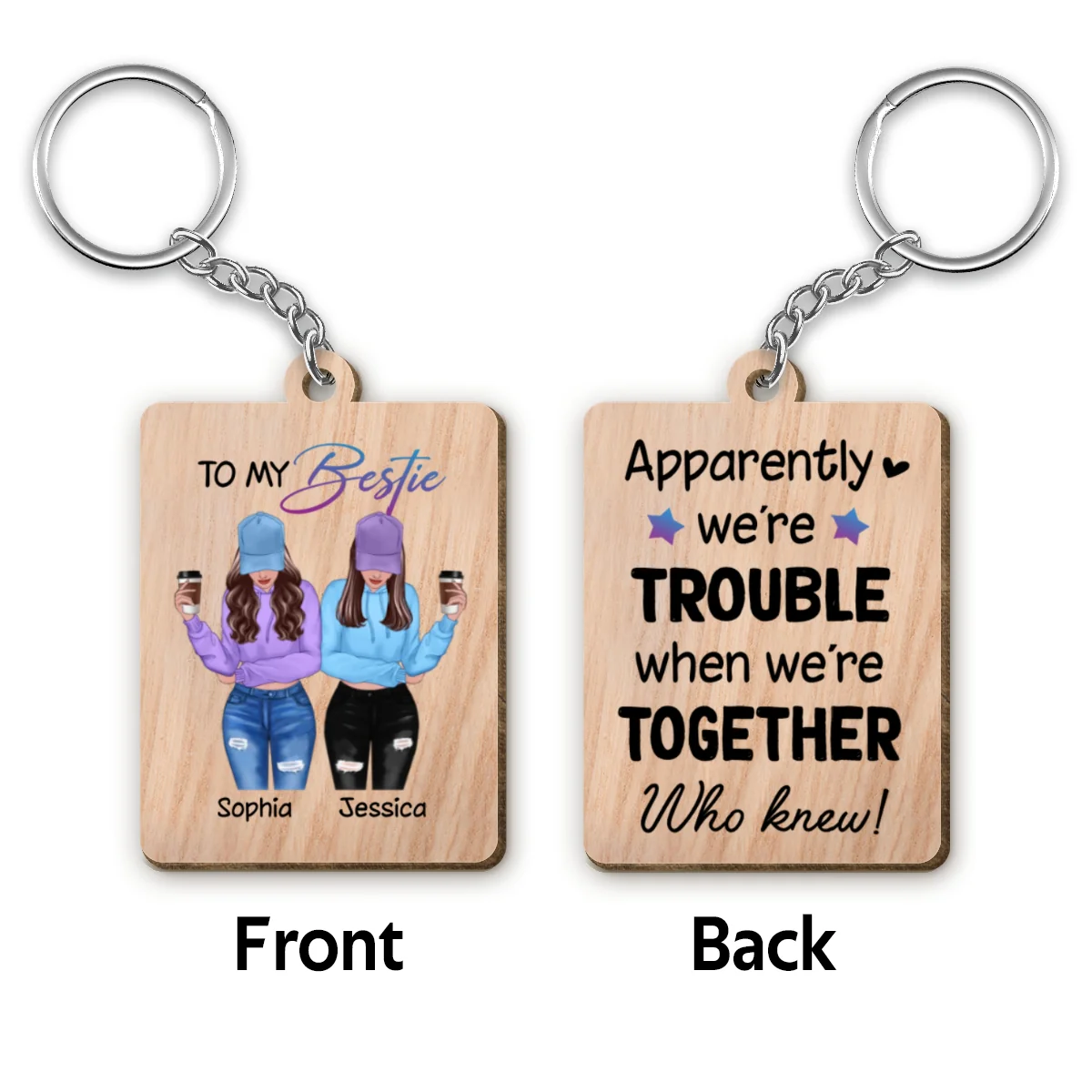 Front View Besties To My Bestie Personalized Wooden Keychain - Image 6