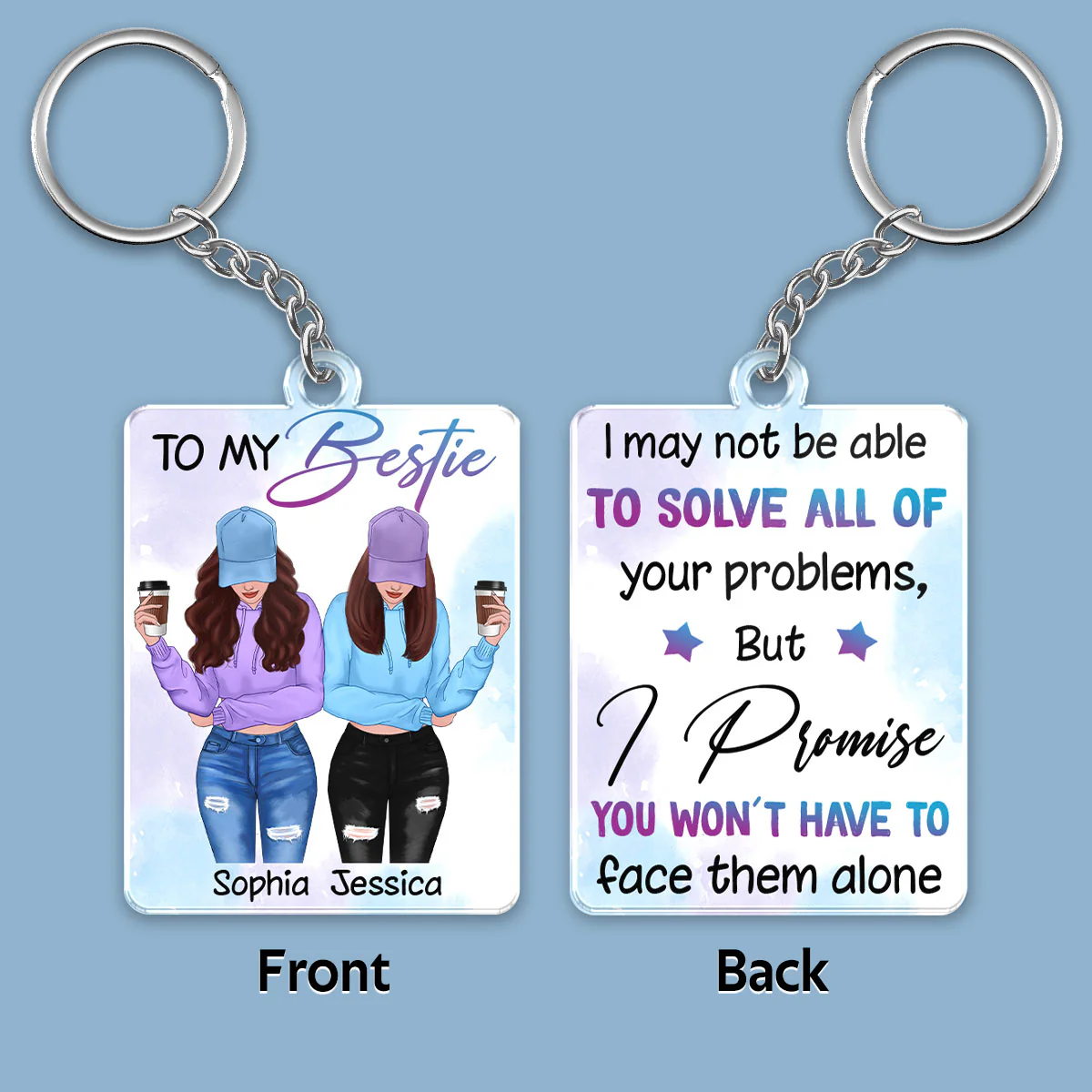 Front View Besties To My Bestie Watercolor Personalized Acrylic Keychain - Image 2