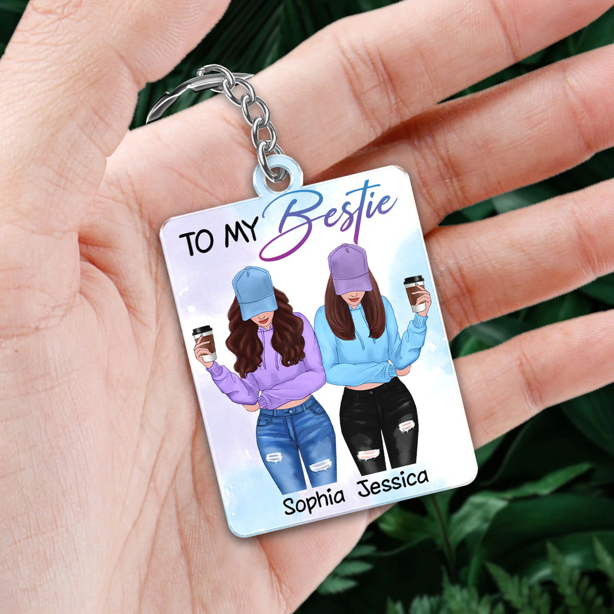 Front View Besties To My Bestie Watercolor Personalized Acrylic Keychain - Image 3