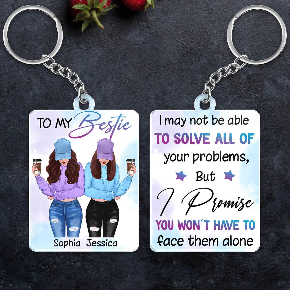 Front View Besties To My Bestie Watercolor Personalized Acrylic Keychain - Image 4