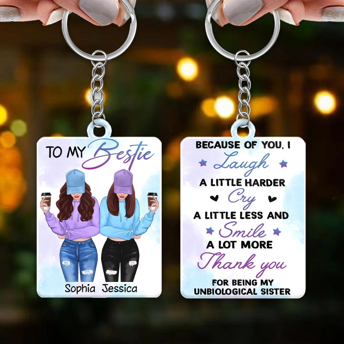 Front View Besties To My Bestie Watercolor Personalized Acrylic Keychain - Image 5