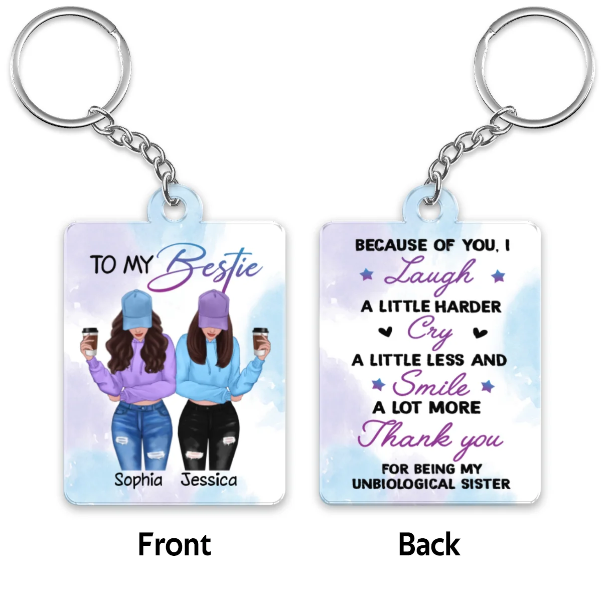 Front View Besties To My Bestie Watercolor Personalized Acrylic Keychain - Image 6