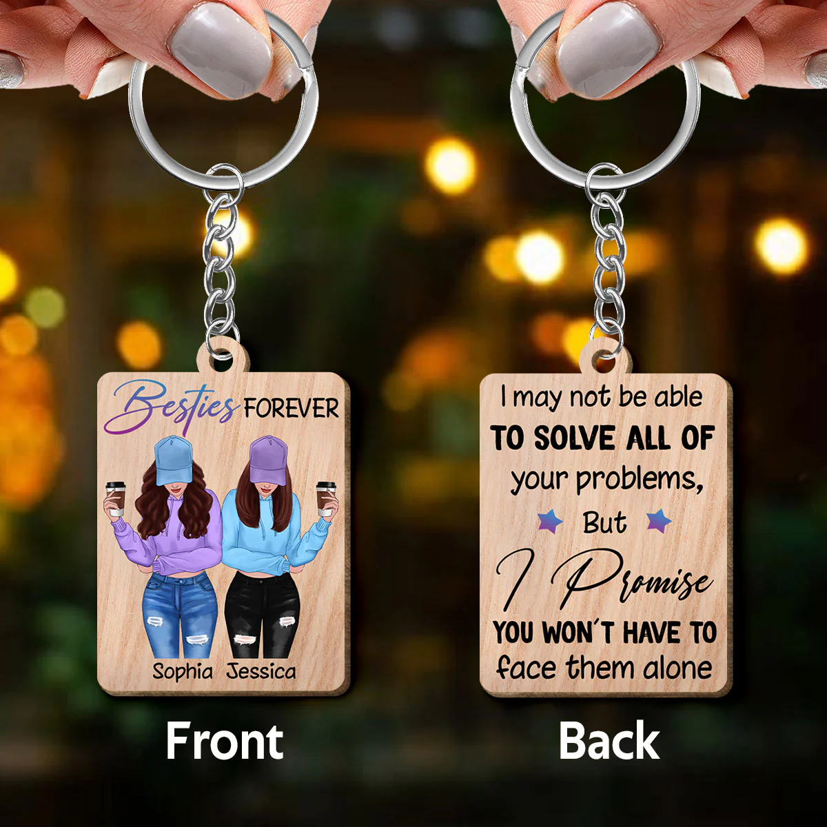 Front View Besties To My Besties Personalized Wooden Keychain - Image 3