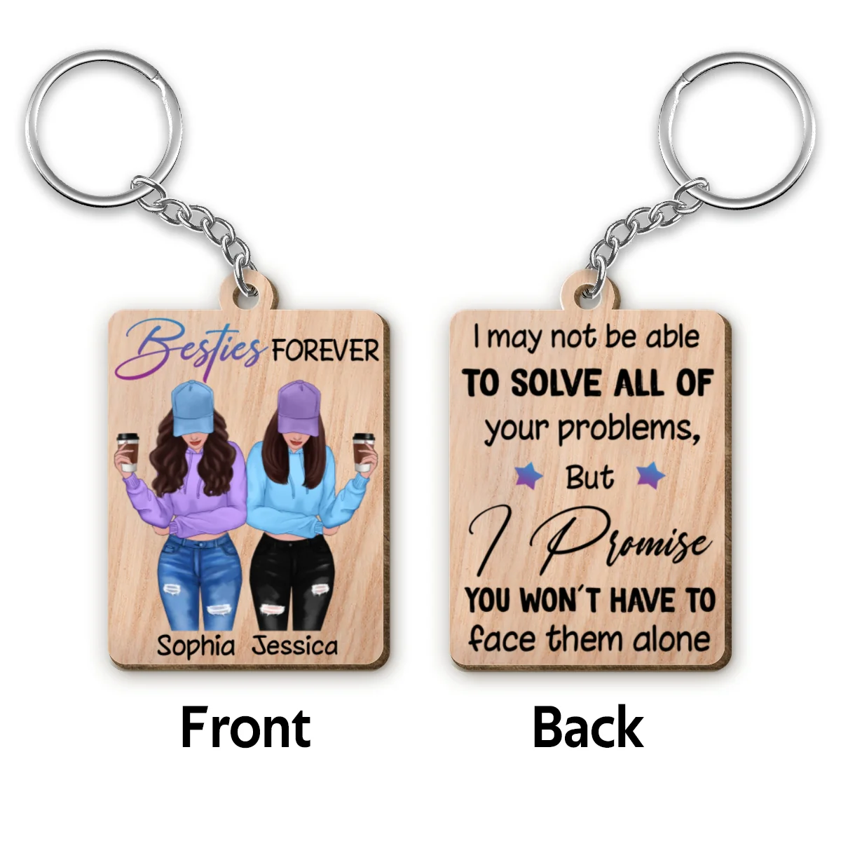 Front View Besties To My Besties Personalized Wooden Keychain - Image 4