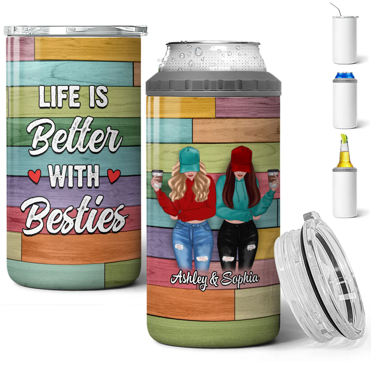 Front View Besties Wooden Palette Personalized 4 In 1 Can Cooler Multipurpose Tumbler