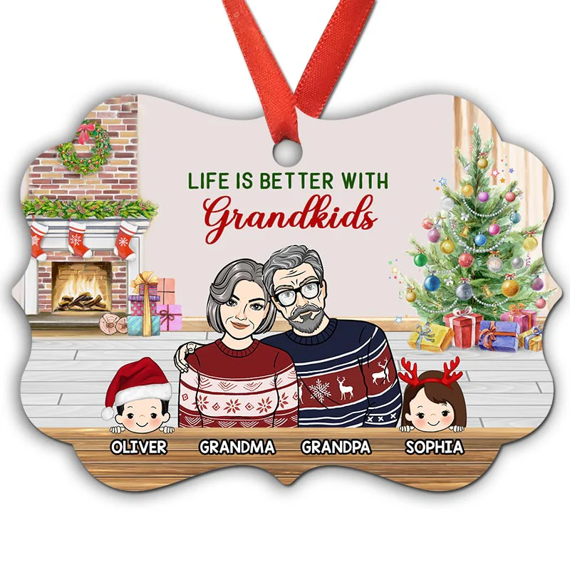 Front View Grandma Grandpa Grandparents With Grandkids Personalized Christmas Ornament
