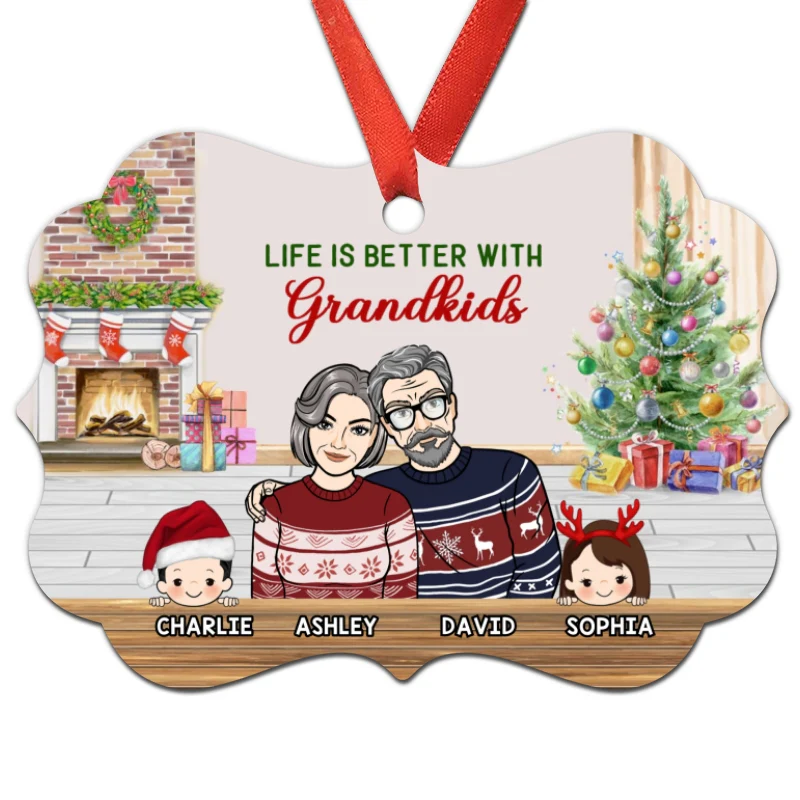 Front View Grandma Grandpa Grandparents With Grandkids Personalized Christmas Ornament - Image 3