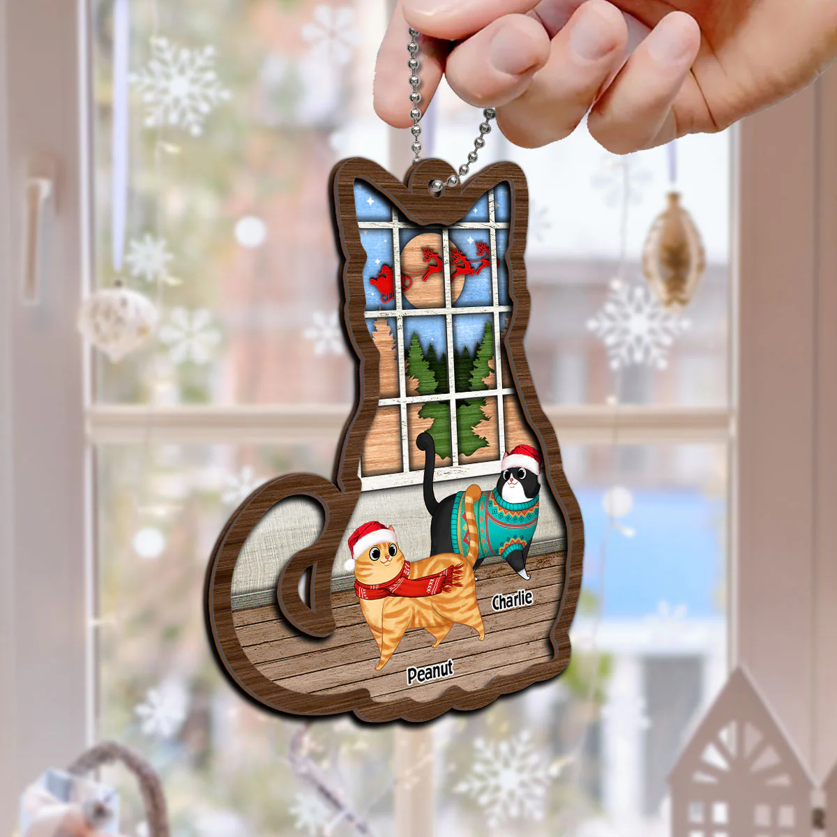 Full Cat Shaped Personalized Christmas 2-Layer Wooden Ornament - Image 6