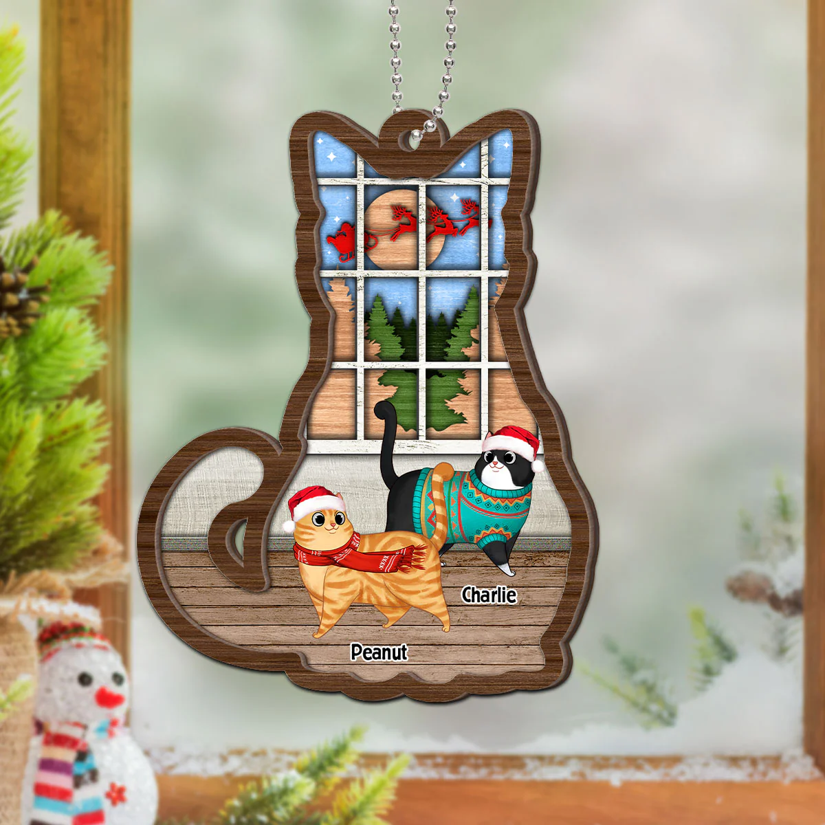 Full Cat Shaped Personalized Christmas 2-Layer Wooden Ornament - Image 8