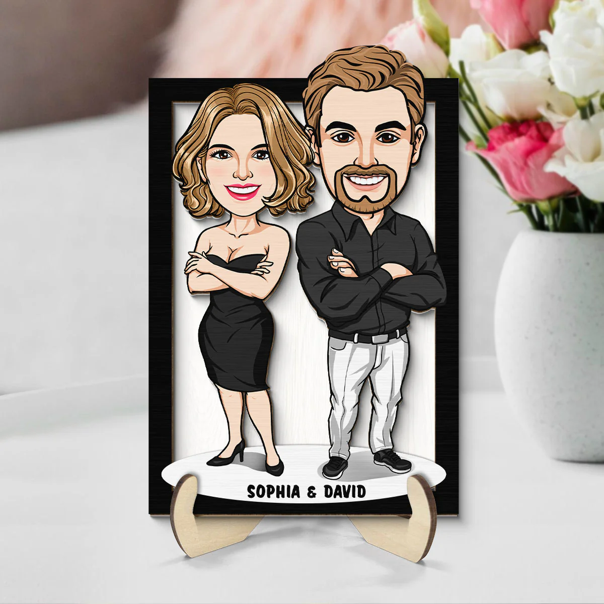 Funny Caricature Couple Valentine‘s Day Gift For Him For Her Personalized 2-Layer Wooden Plaque - Image 2