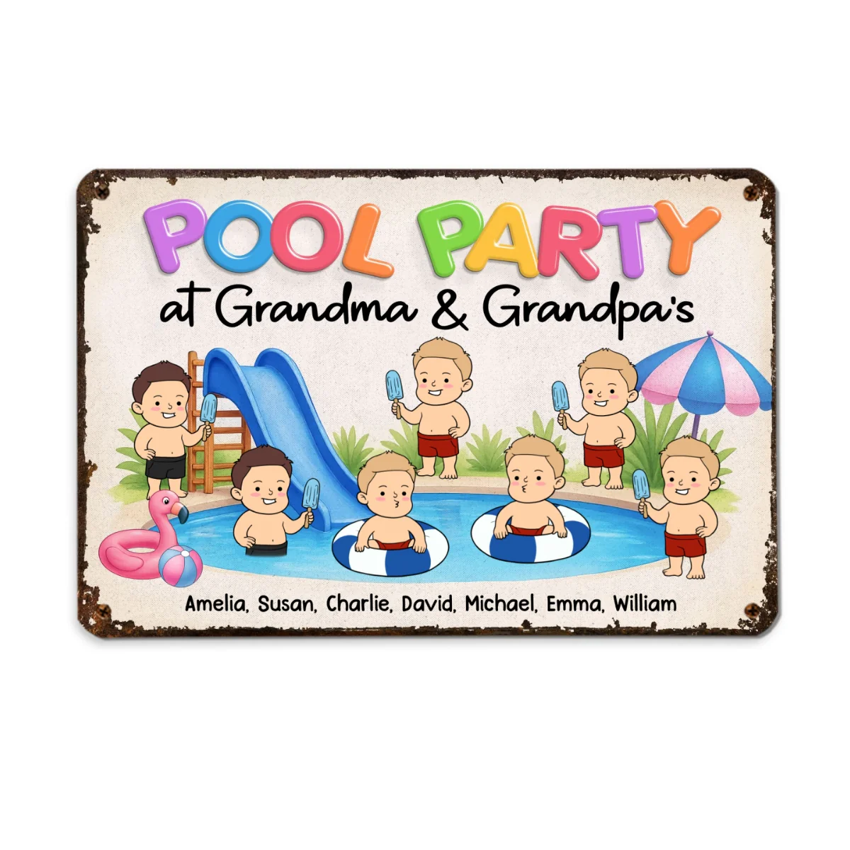 Funny Cartoon Kids Pool Party At Grandma Grandpa Personalized Metal Sign - Image 10