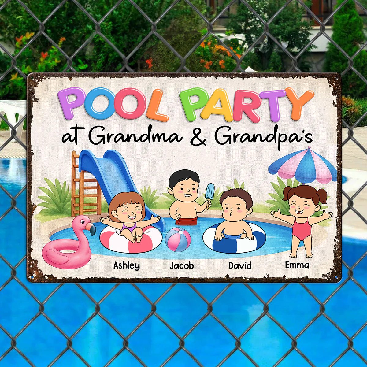 Funny Cartoon Kids Pool Party At Grandma Grandpa Personalized Metal Sign - Image 2