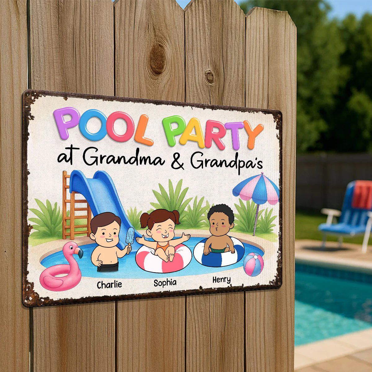 Funny Cartoon Kids Pool Party At Grandma Grandpa Personalized Metal Sign - Image 3