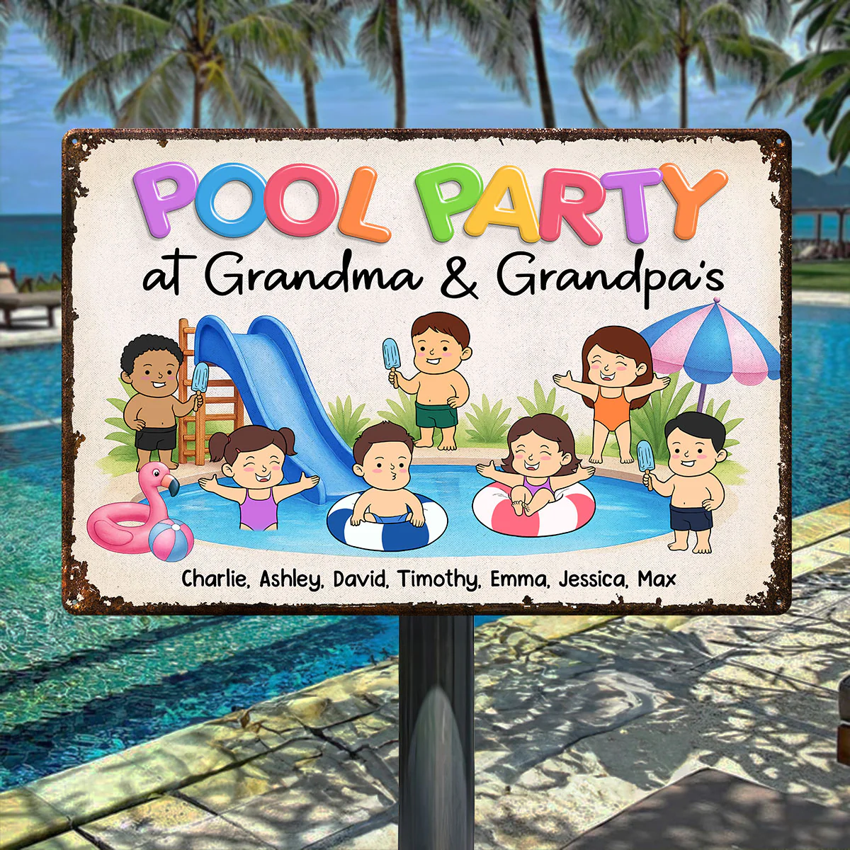 Funny Cartoon Kids Pool Party At Grandma Grandpa Personalized Metal Sign - Image 4