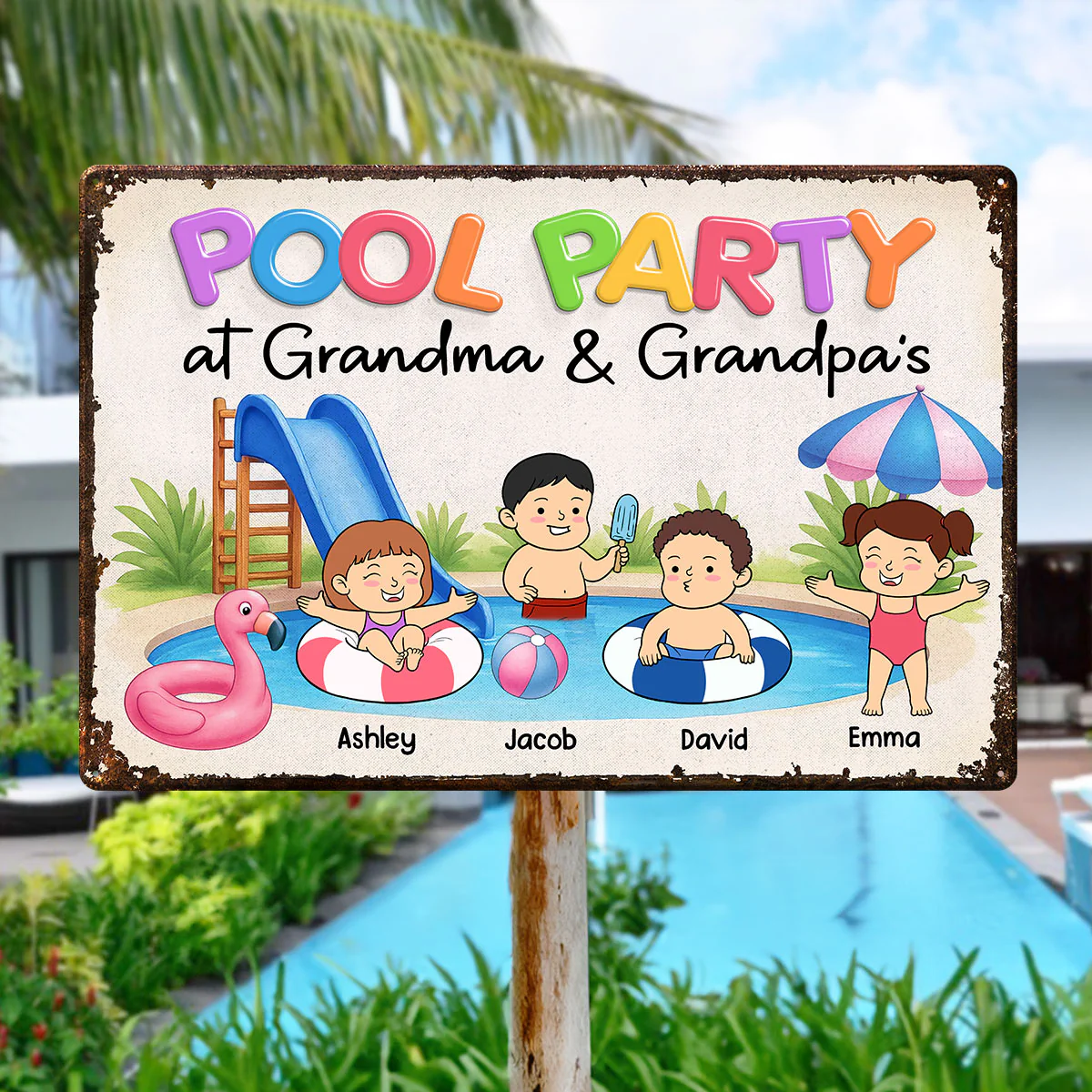Funny Cartoon Kids Pool Party At Grandma Grandpa Personalized Metal Sign - Image 5