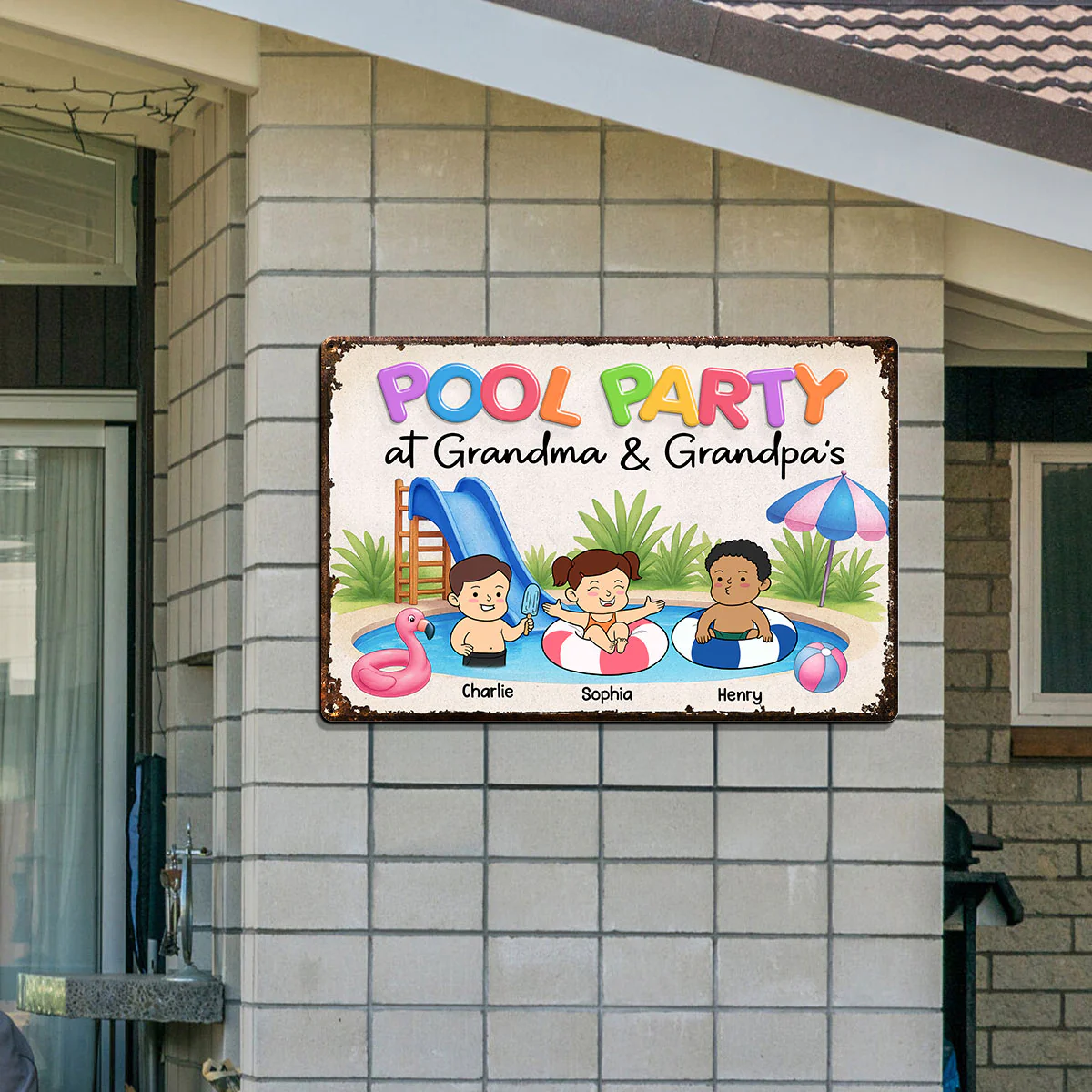 Funny Cartoon Kids Pool Party At Grandma Grandpa Personalized Metal Sign - Image 6
