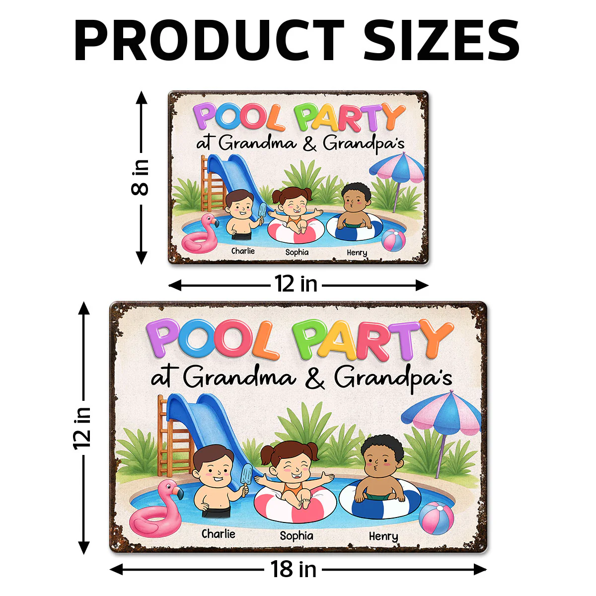 Funny Cartoon Kids Pool Party At Grandma Grandpa Personalized Metal Sign - Image 7