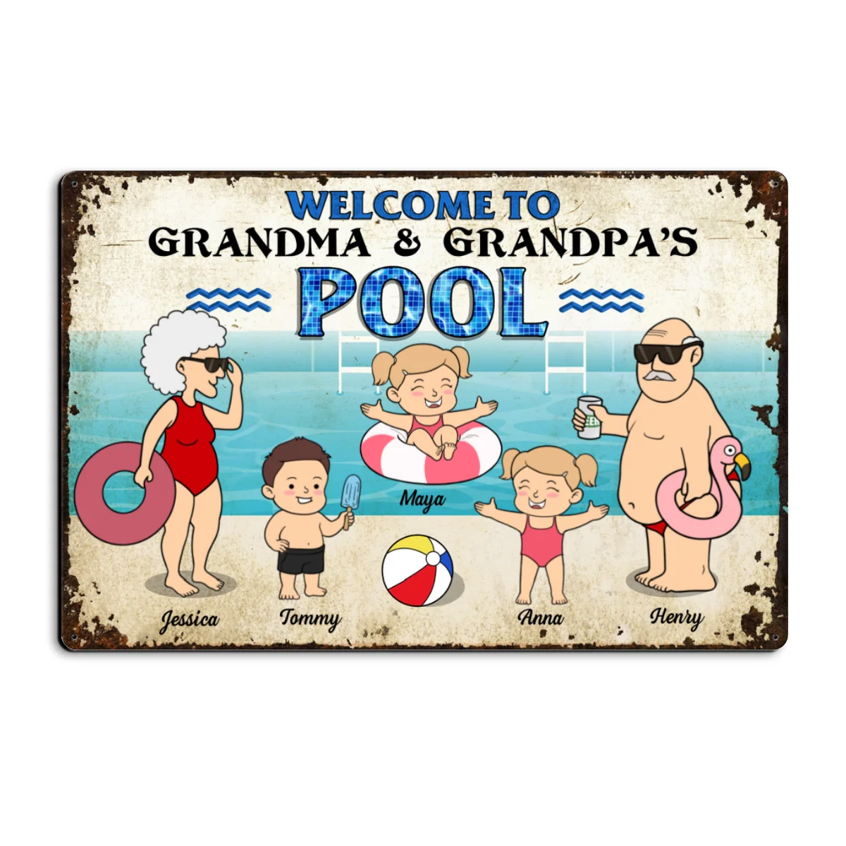 Funny Cartoon Welcome To Grandma Grandpa Pool Personalized Metal Sign - Image 12