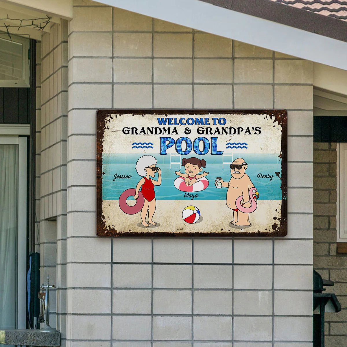 Funny Cartoon Welcome To Grandma Grandpa Pool Personalized Metal Sign - Image 2