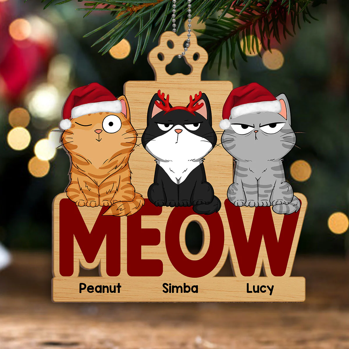 Funny Cat Expressions Sitting Personalized Wooden Ornament - Image 3