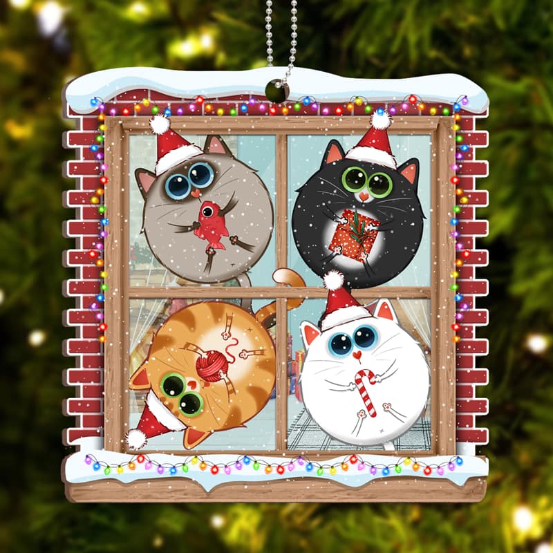 Funny Cat Hanging On Window Personalized Wooden Ornament - Image 2